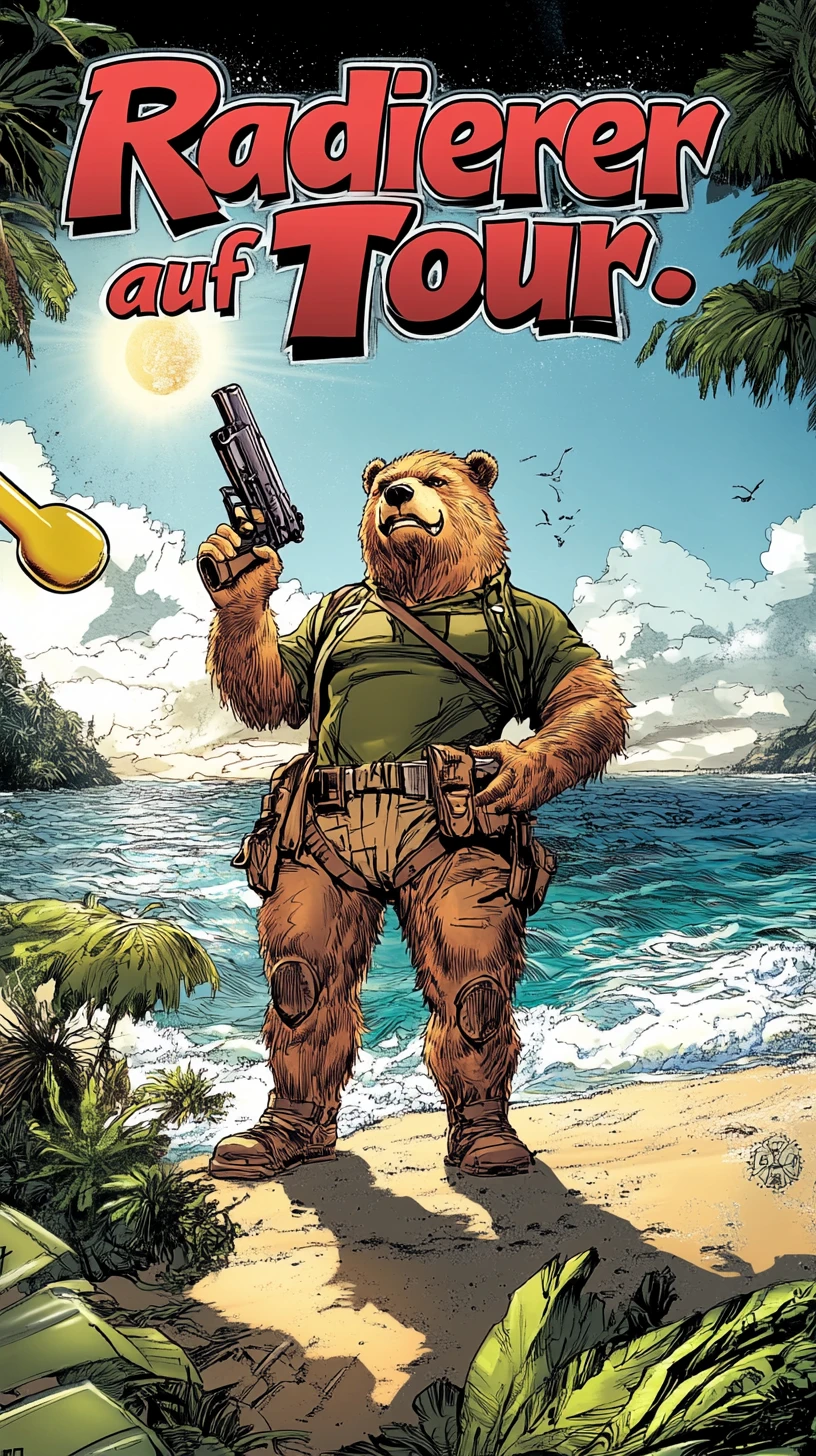 Urso cômico em praia alienígena observando uma borracha voadora