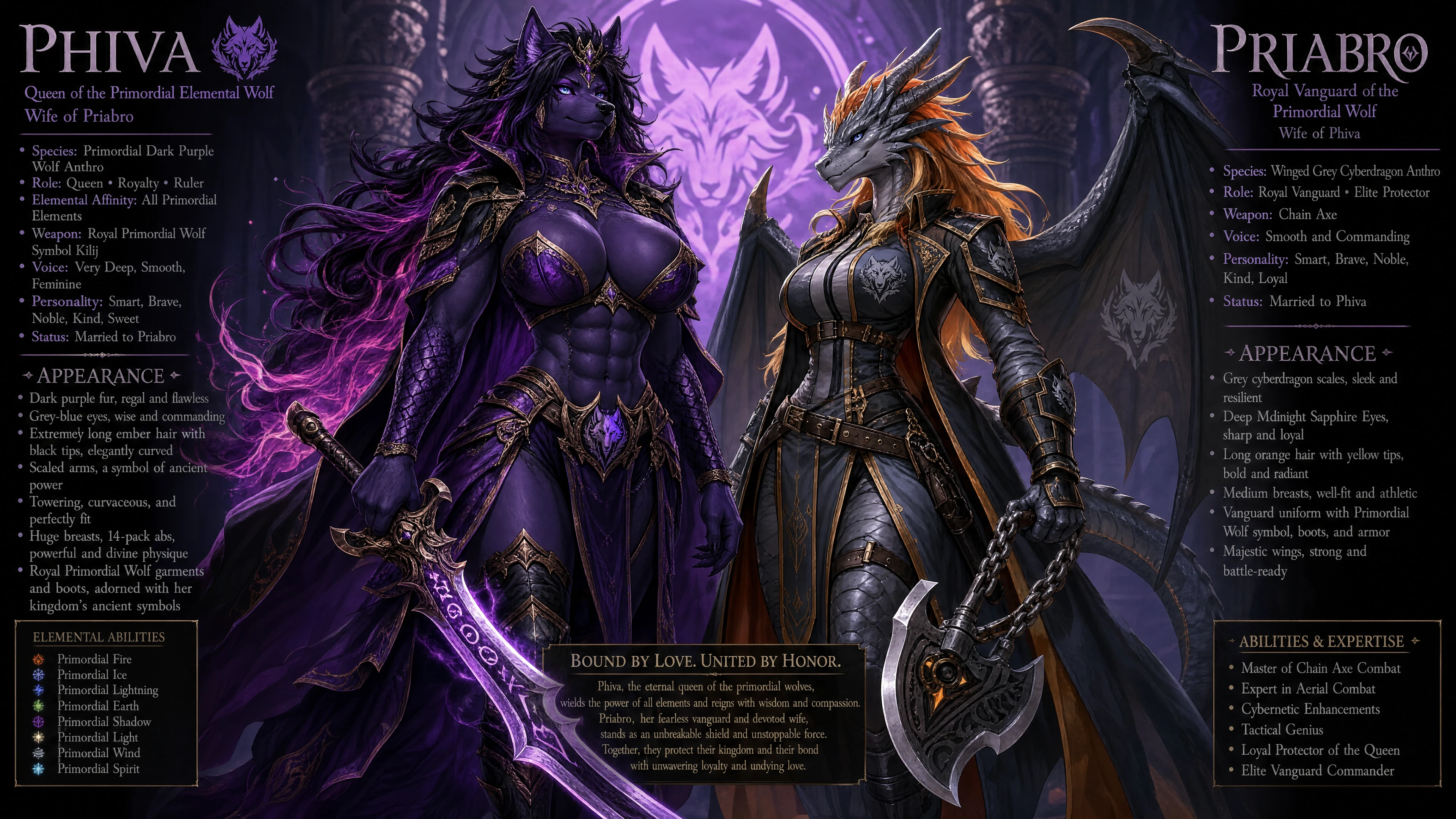 Reine loup anthropomorphe royale avec fourrure violet foncé et armure