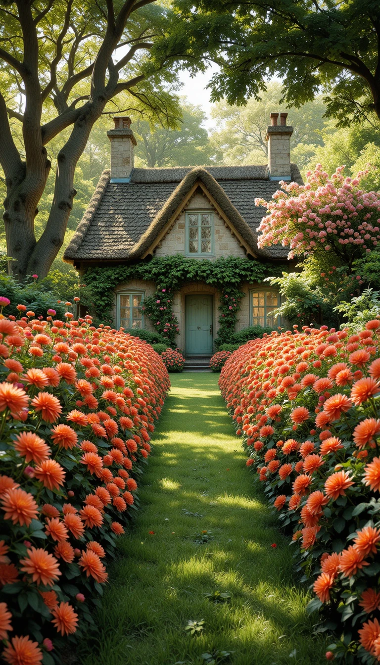 Blumengesäumter Gartenweg zu einem rustikalen Steinhaus