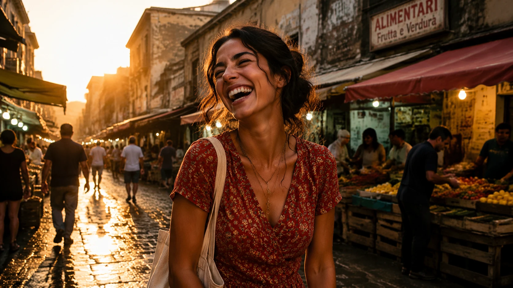 Mulher rindo na luz da hora dourada em mercado da cidade