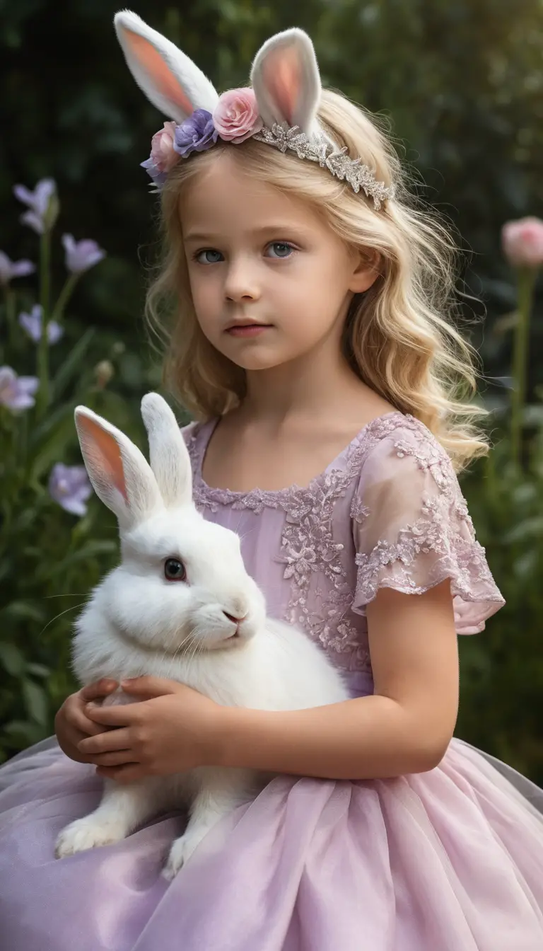 Feenmädchen mit weißen Kaninchen in einem verzauberten Garten