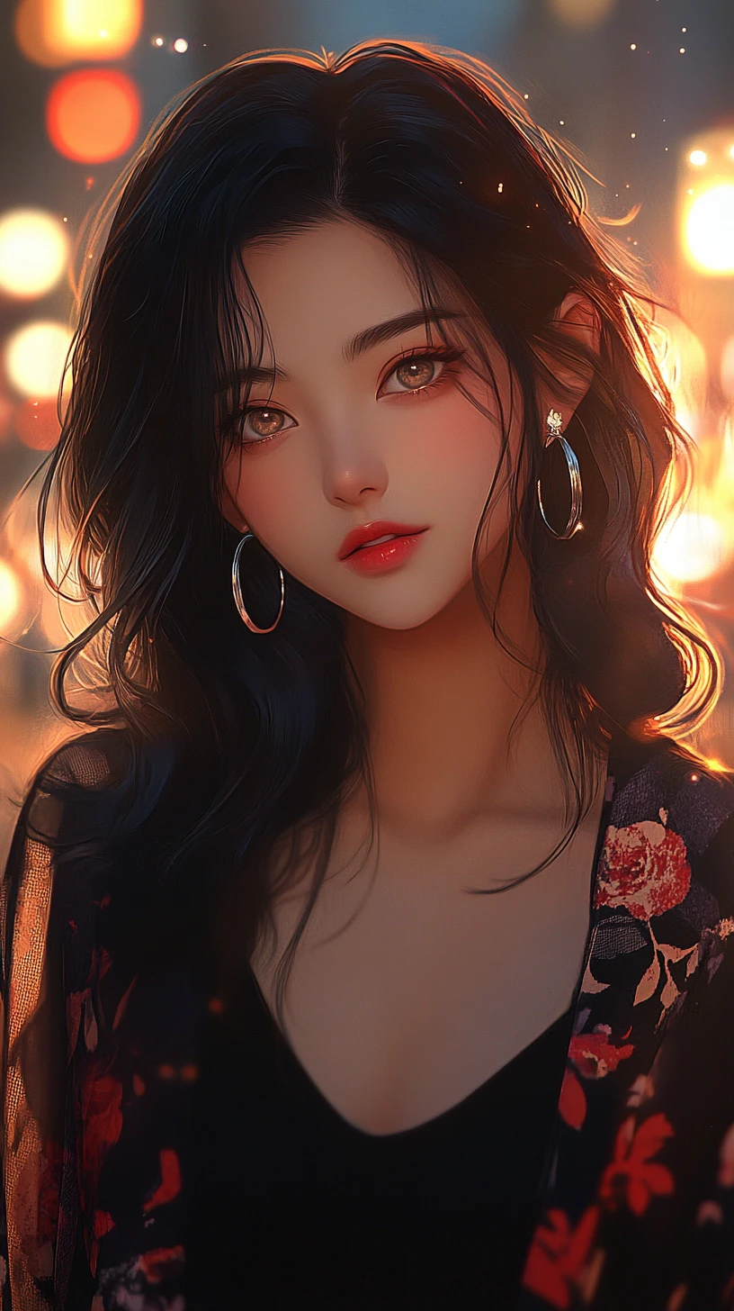 Ritratto di ragazza anime con luci della città al crepuscolo