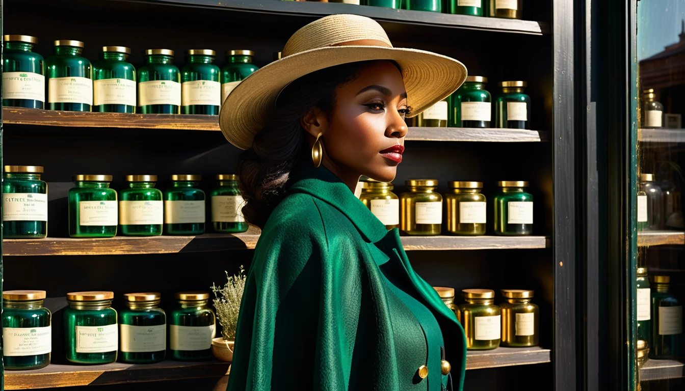 Retrato sombrio de uma mulher de verde diante de uma farmácia antiga