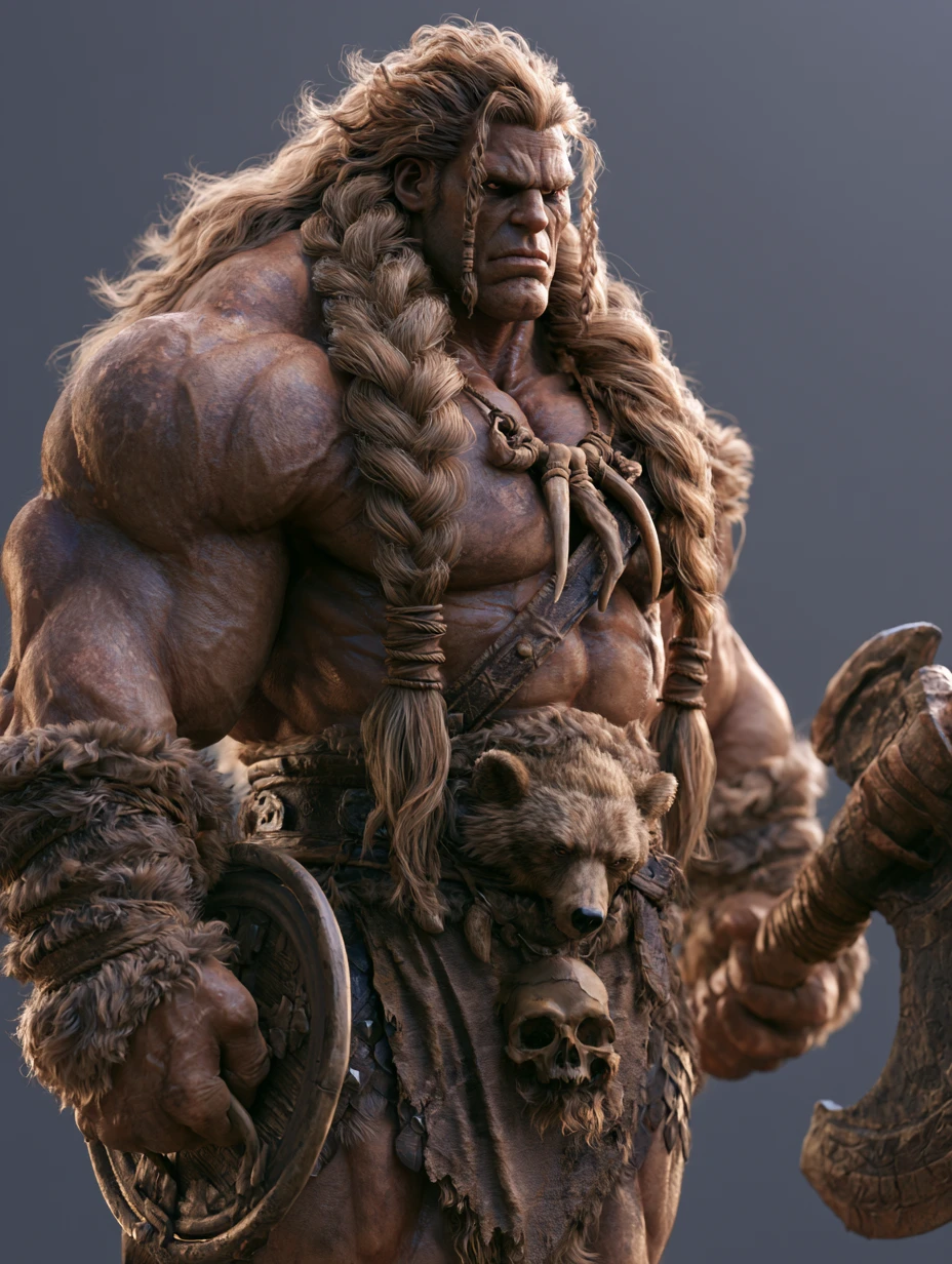 Guerreiro bárbaro musculoso com machado e escudo em arte 3D