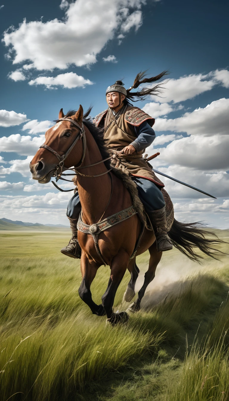 Mongolischer Krieger reitet über eine weite, windgepeitschte Grasebene