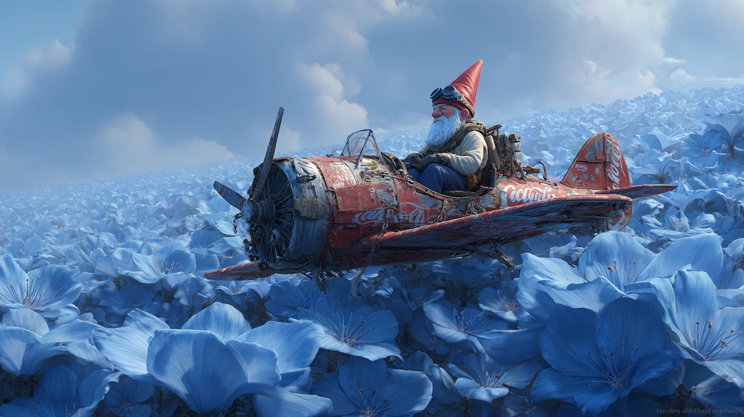 Gnome pilote fantaisiste planant au-dessus de gigantesques fleurs bleues