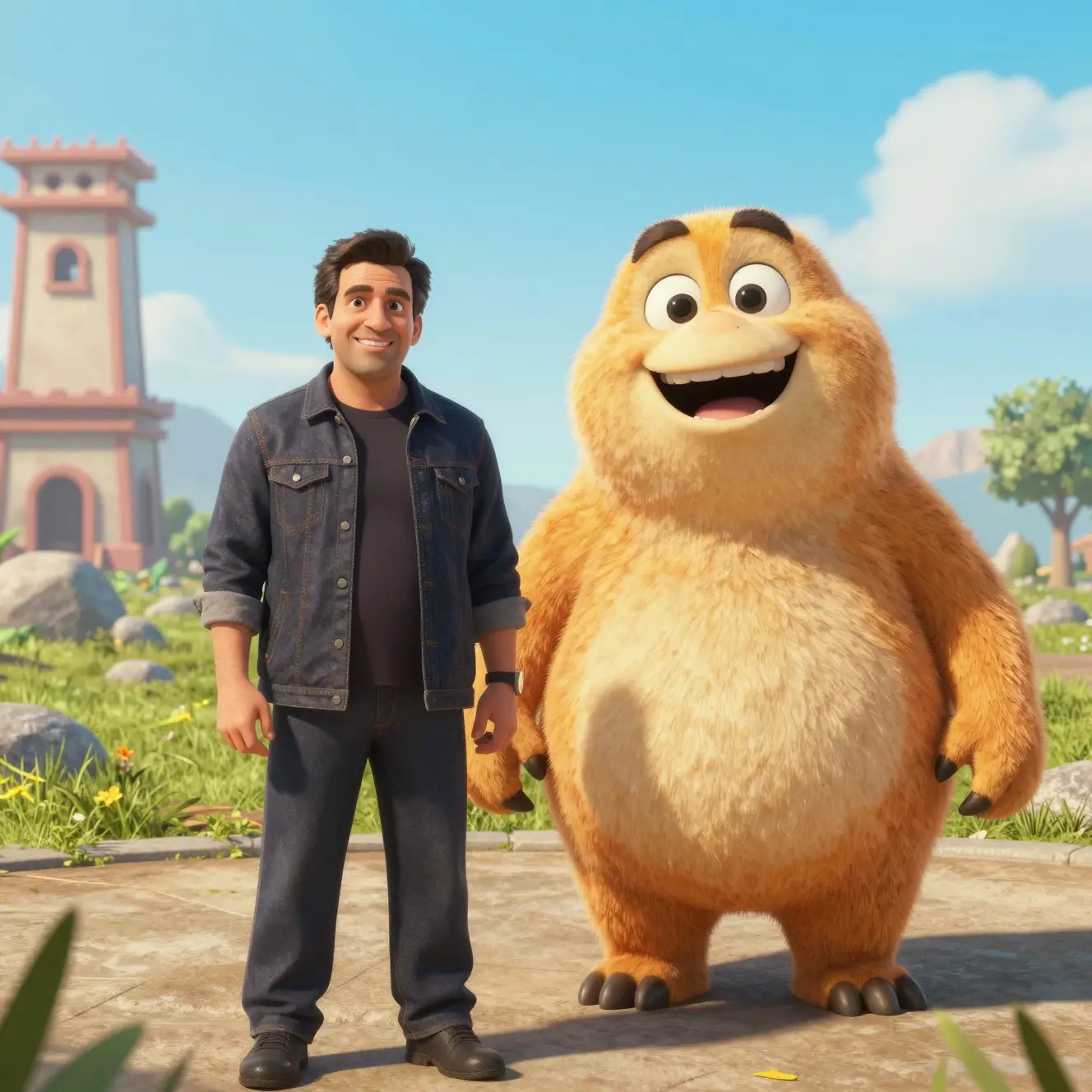 Primo piano in stile Pixar di un uomo con sfondo semplice