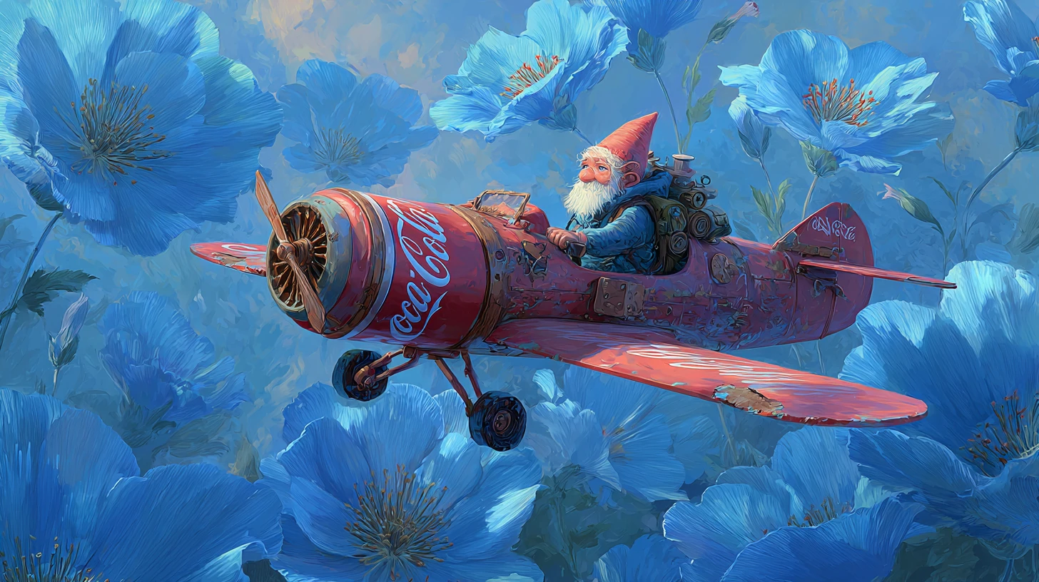 Gnome pilote volant dans un avion en boîte de conserve fait main au‑dessus de fleurs bleues