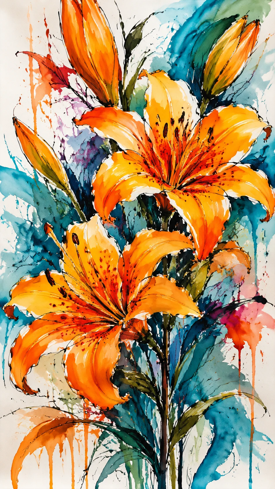 Leuchtende orangefarbene Lilien mit fließenden Aquarellkonturen