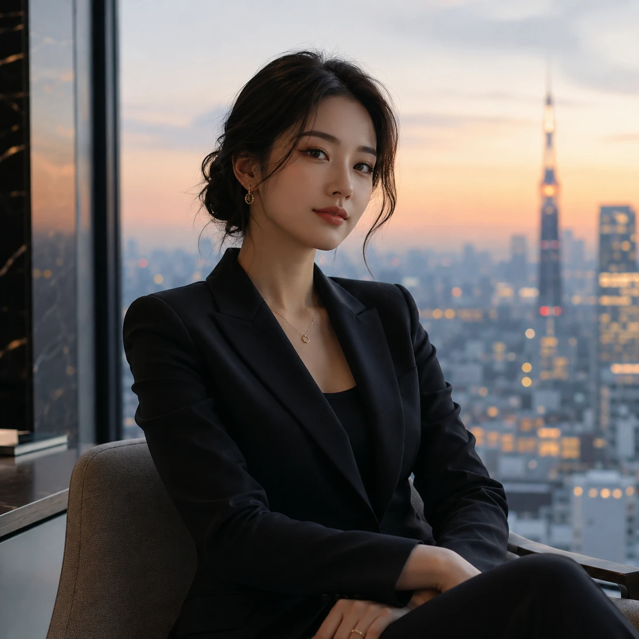 城市窗邊的優雅黑色西裝年輕女子