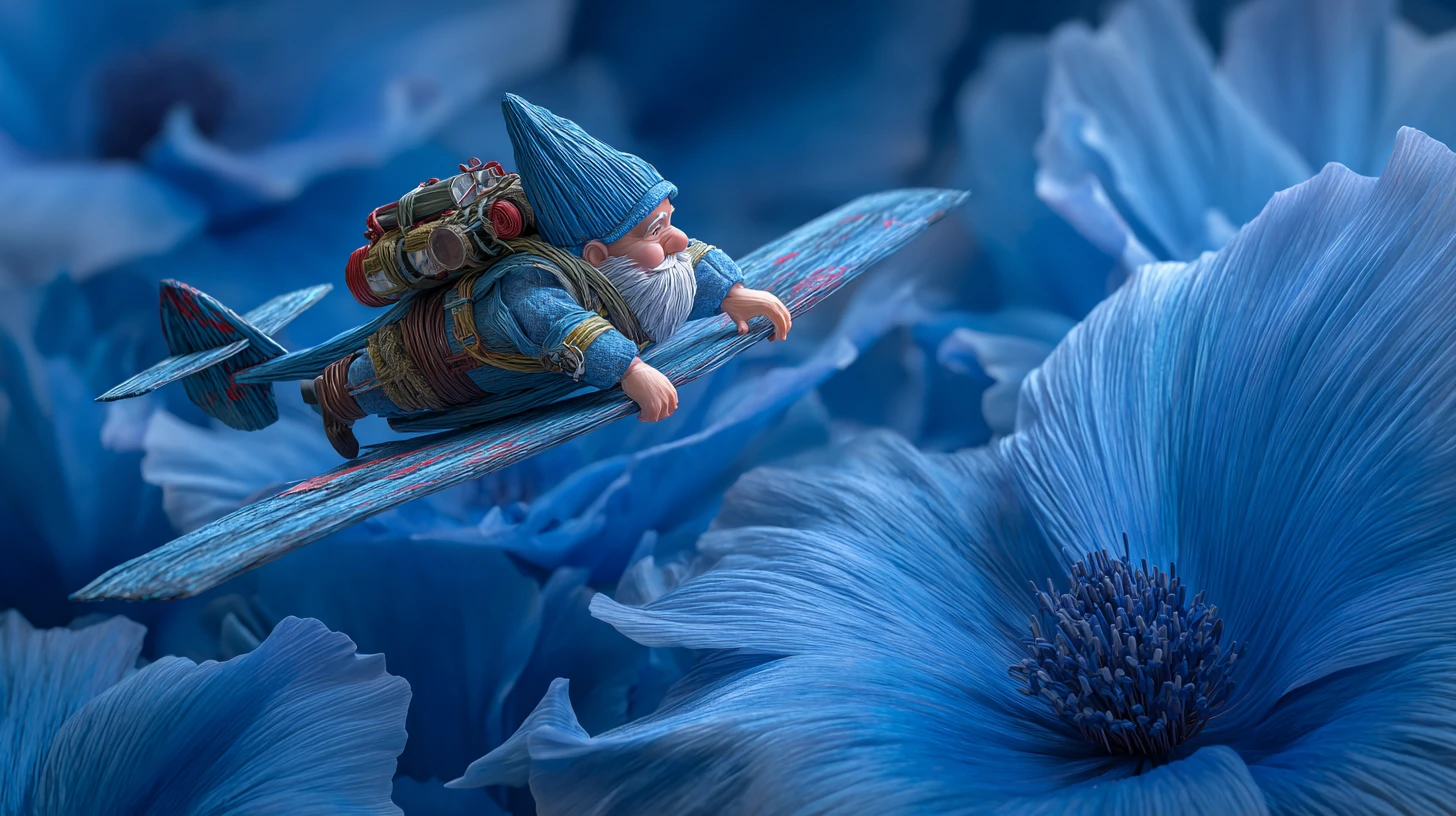 Gnome fantaisiste volant dans un avion fait main au-dessus de fleurs bleues géantes