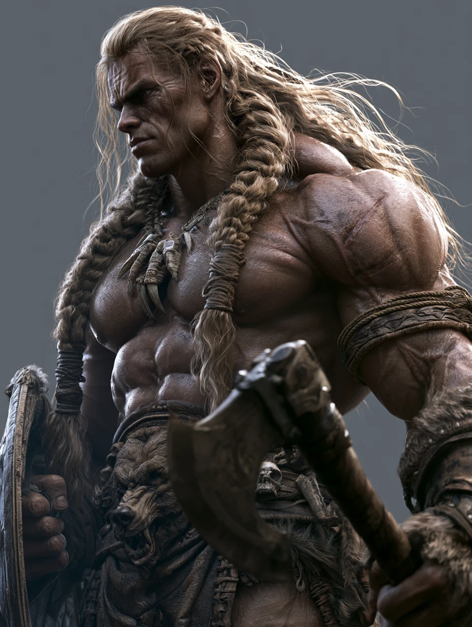 Guerrier barbare musclé avec hache sous un éclairage 3D dramatique