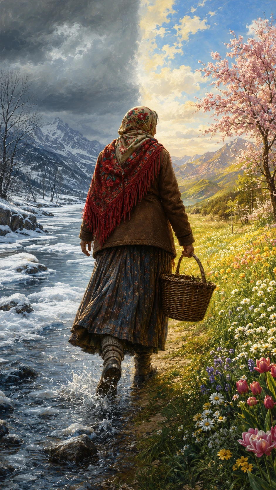 Femme âgée traversant de l’hiver au pré de printemps
