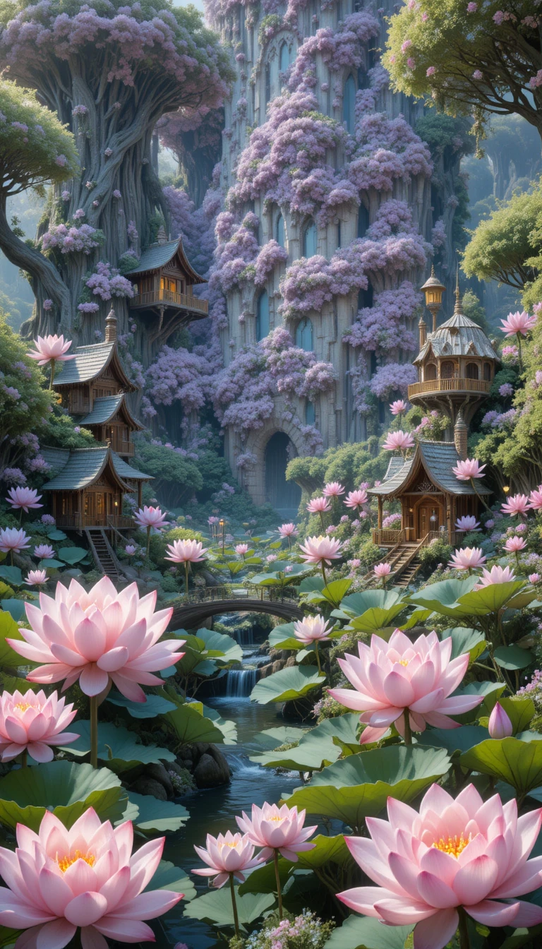 Village fantastique de lotus avec étangs et fleurs géantes