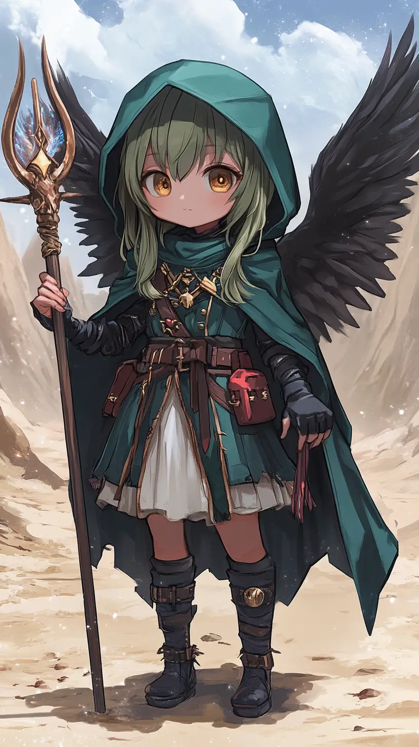 砂漠の城の前に立つ槍を持ったちび天使の少女