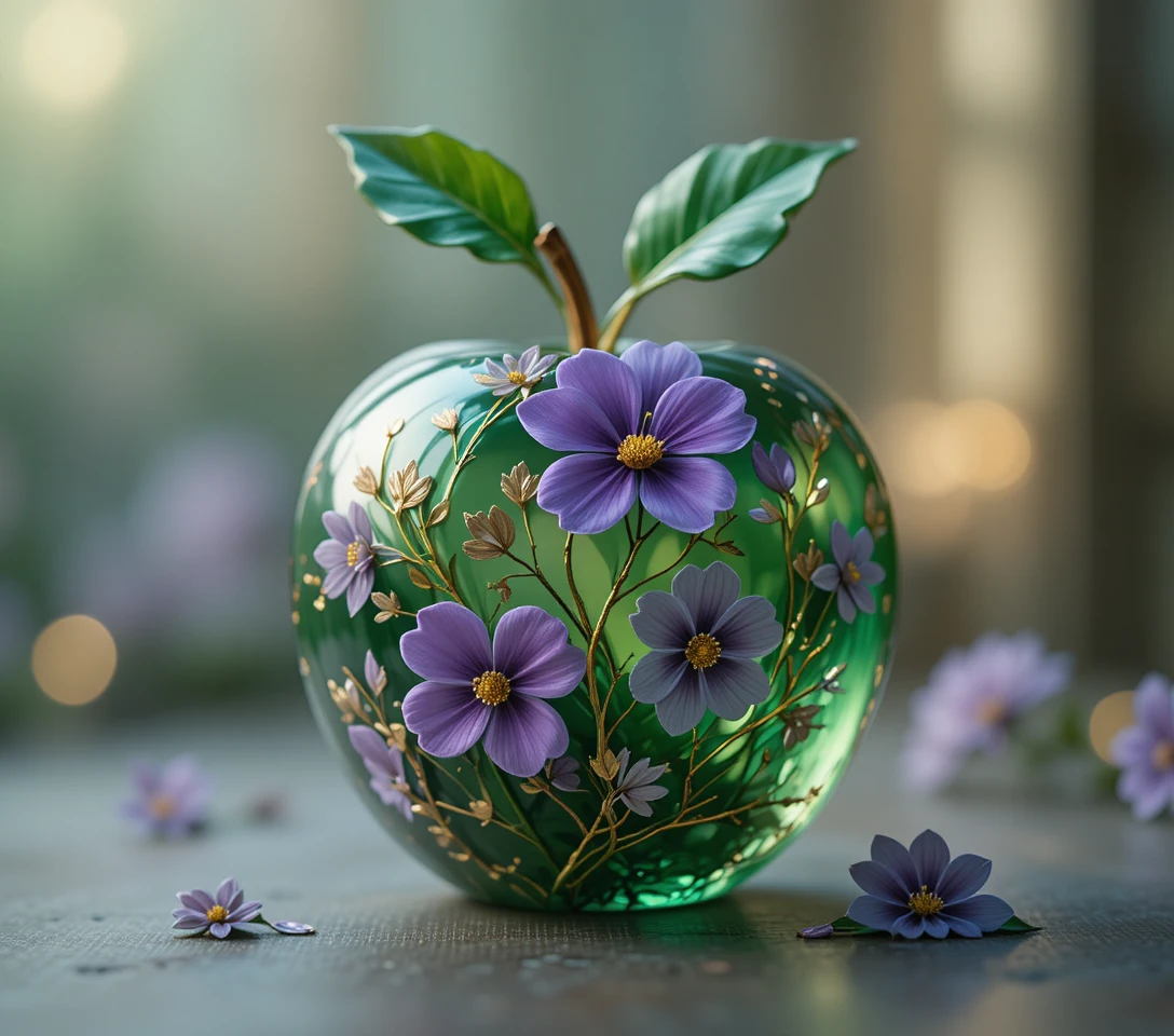 Pomme en verre vert avec fleurs violettes et touches dorées