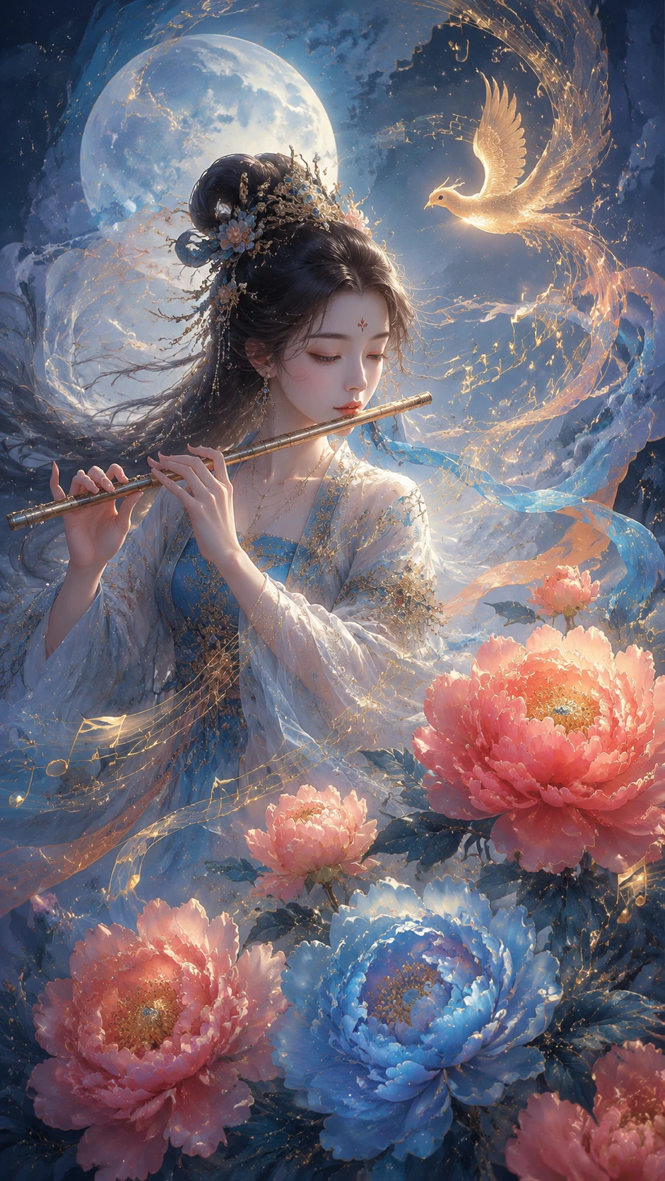 Mystische blaue Fantasy-Illustration über farbenfrohen Pfingstrosen