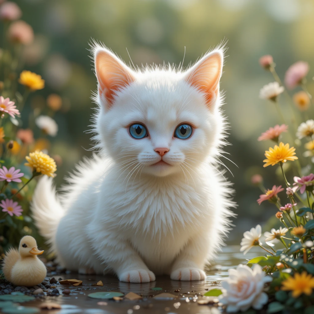 Pequeno gato branco e pato em um jardim de flores simples