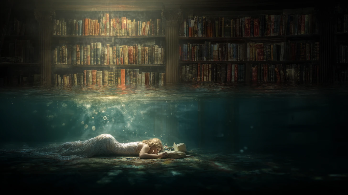 Sirena malinconica in una surreale biblioteca subacquea sommersa