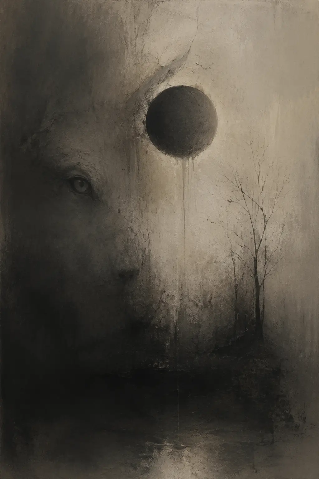 Minimalistische abstrakte Kunst mit angedeuteter Tierform und Augenmotiv