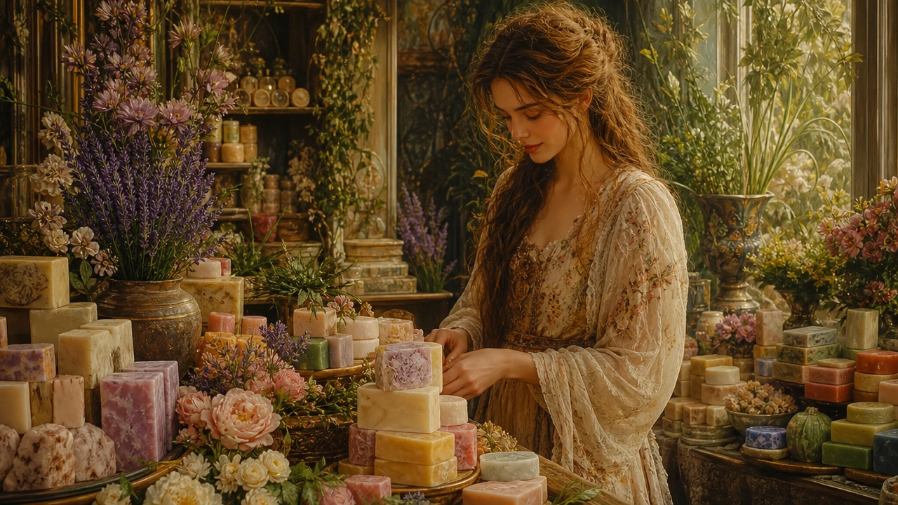 Mulher bonita em uma aconchegante loja de sabonetes com flores e plantas