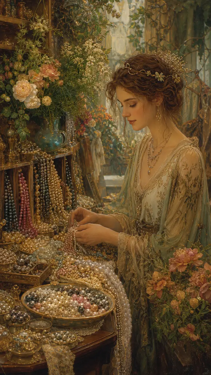 Elegante interior de tienda de cuentas con una vendedora graciosa