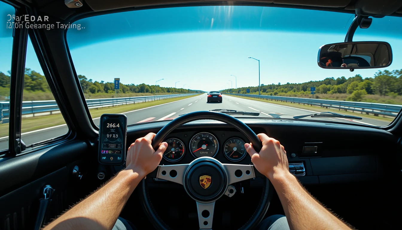 Vista ad alta velocità dall’abitacolo di un’auto sportiva classica