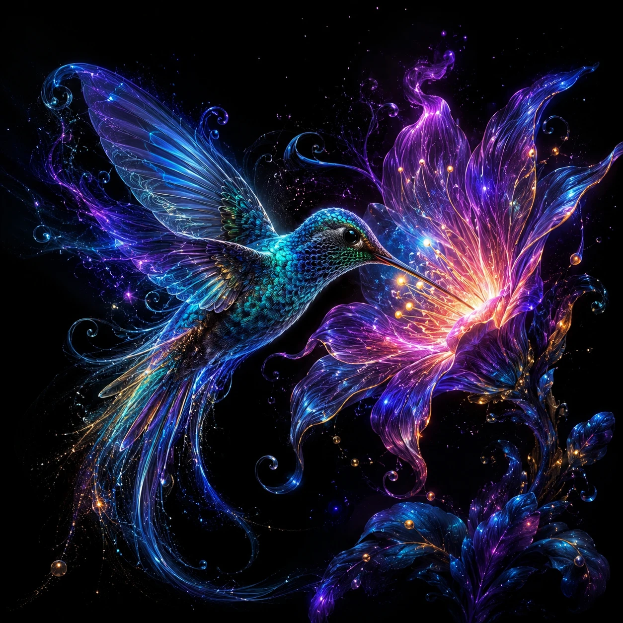 Beija-flor bioluminescente com flor brilhante em fundo preto