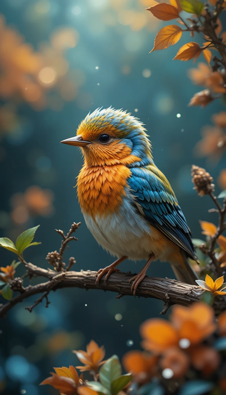 Pequenos pássaros da floresta em uma cena vertical estilo livro ilustrado