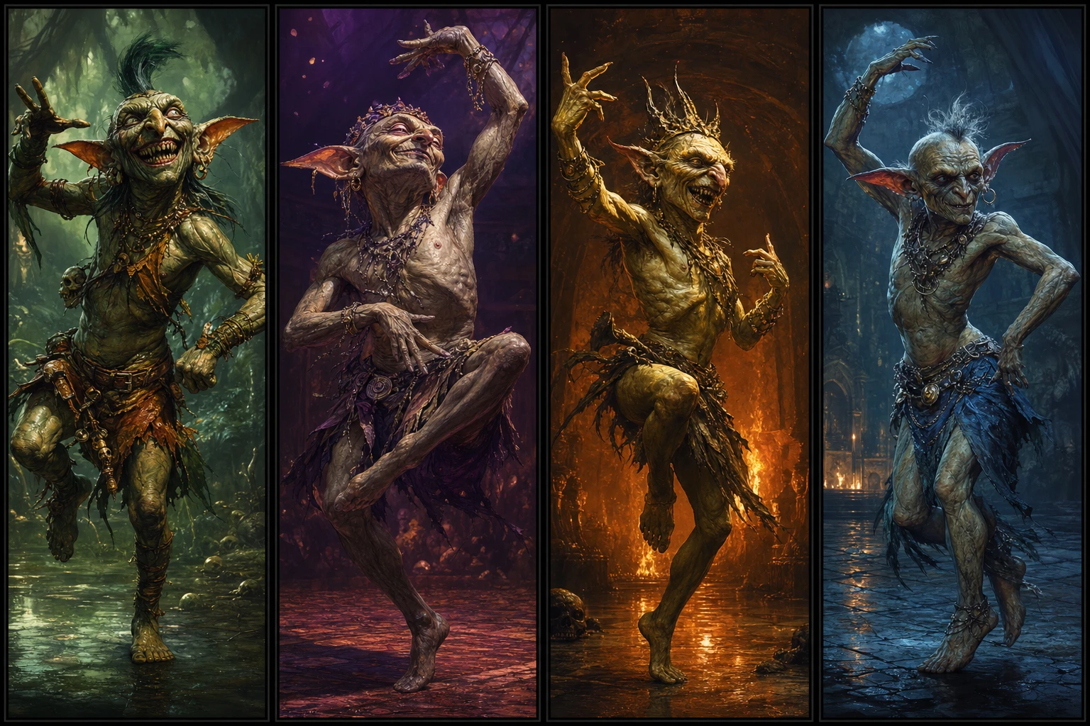 Goblin dançarina em tons de joia em pintura digital de fantasia épica