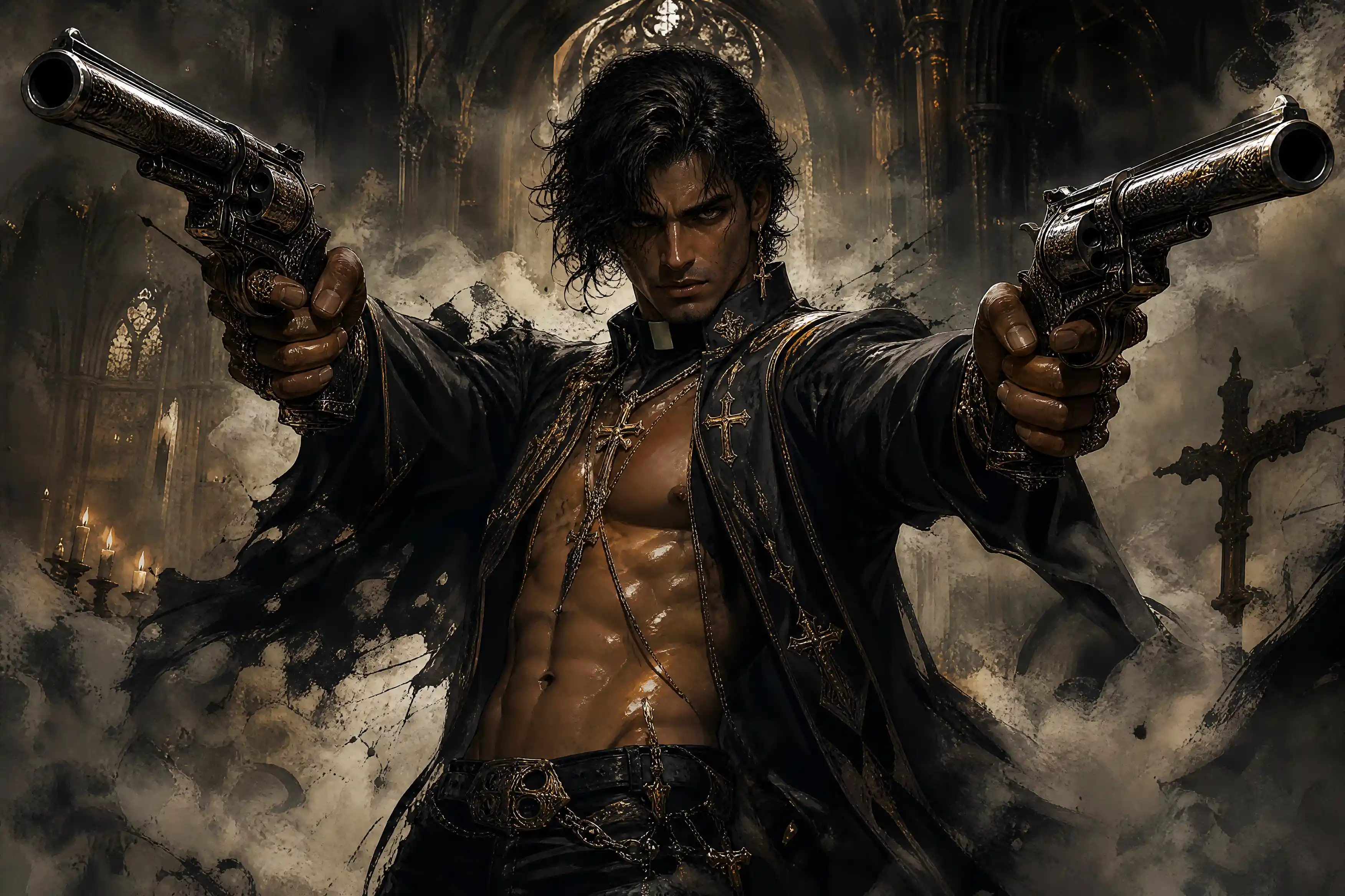 Gothic priest with twin revolvers in ruined cathedral