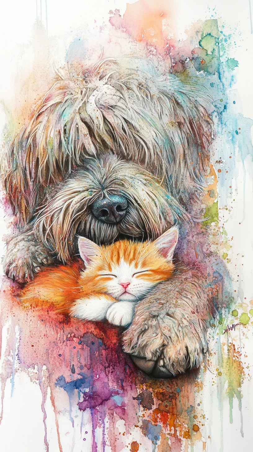 Chien Hirsute Câlinant un Chaton Endormi en Aquarelle