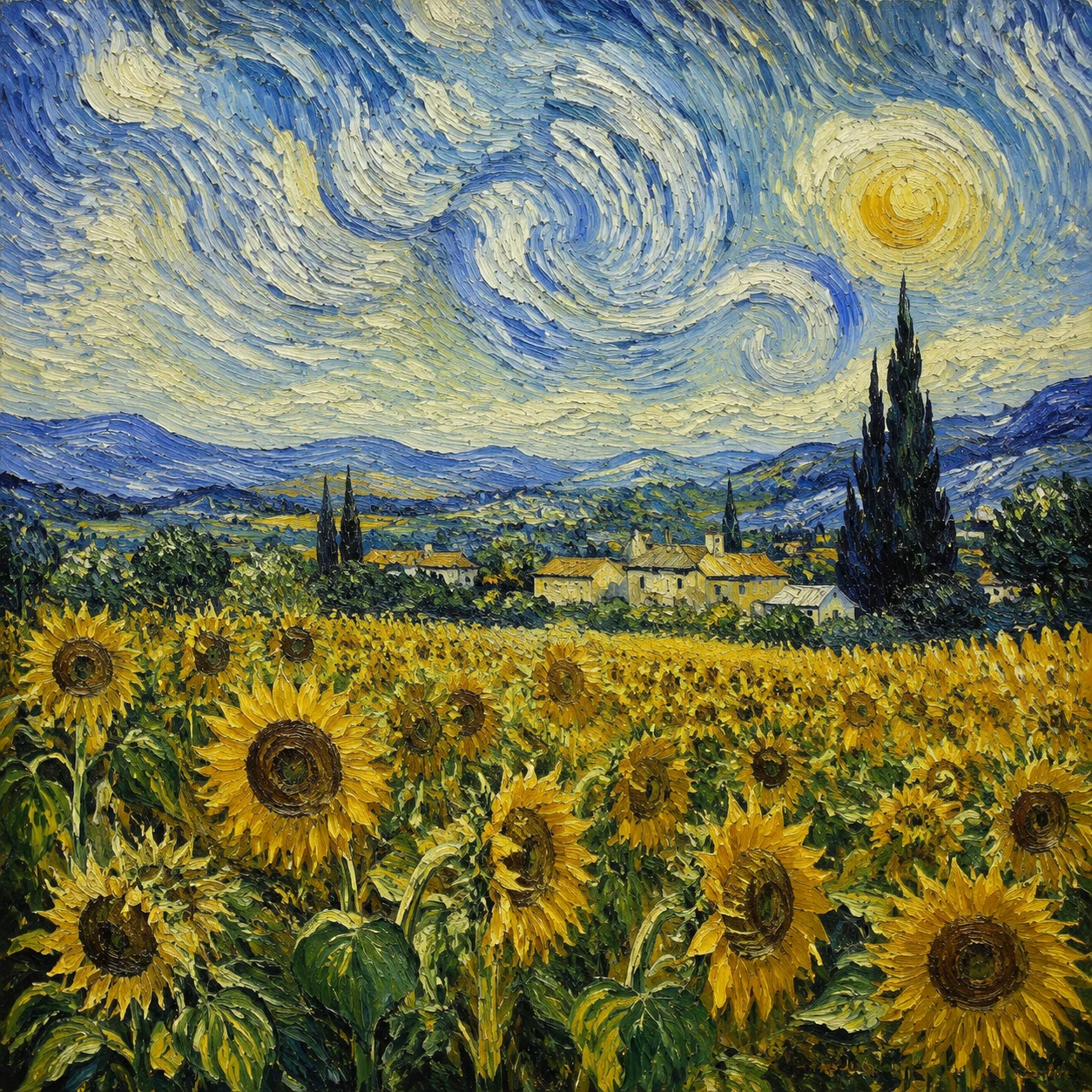 Pintura a óleo de girassóis em uma paisagem campestre serena