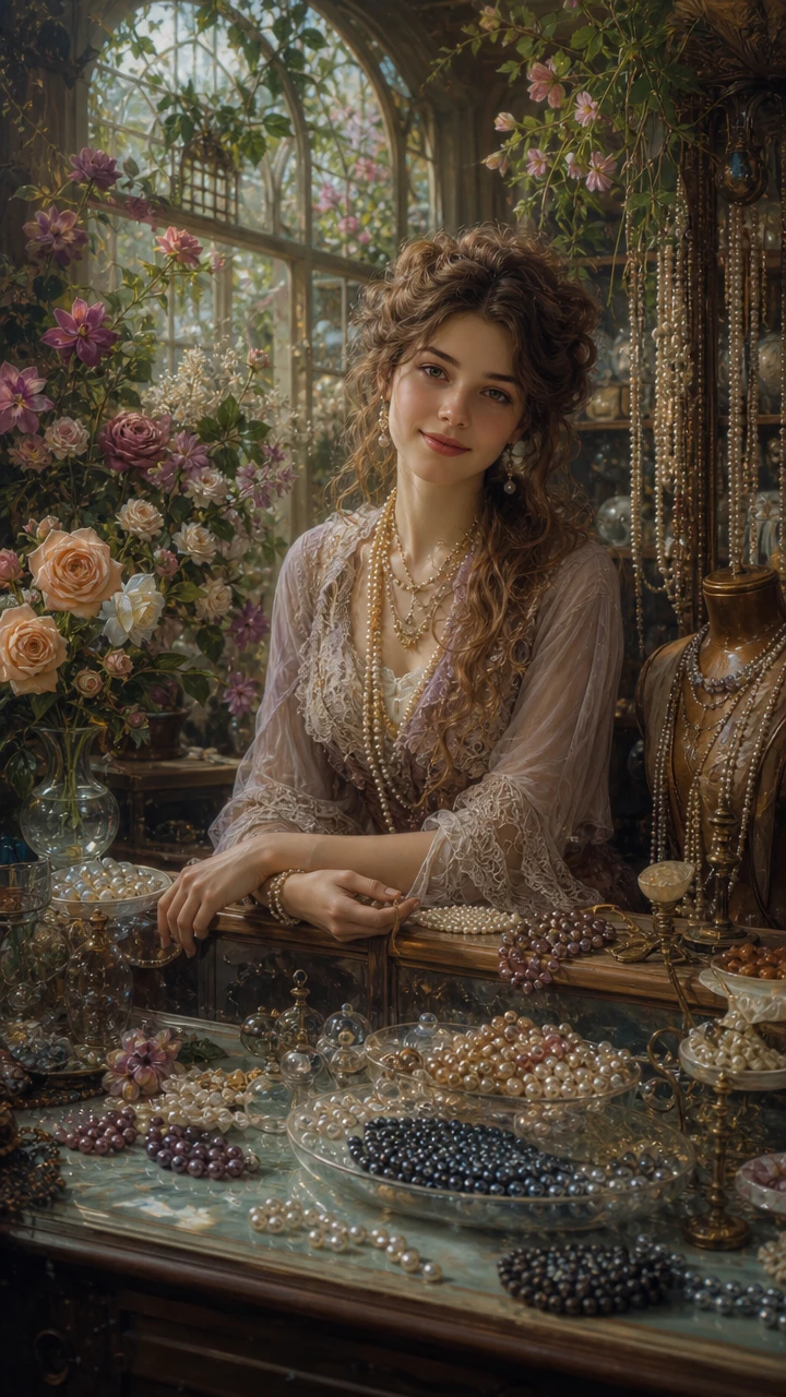 Mulher em uma aconchegante loja de pérolas com flores e plantas