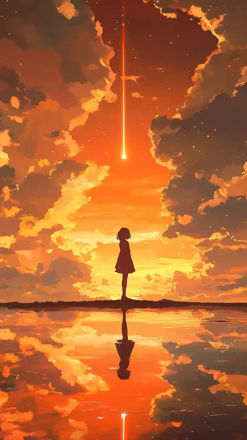 Anime girl at sunset by the calm reflective sea