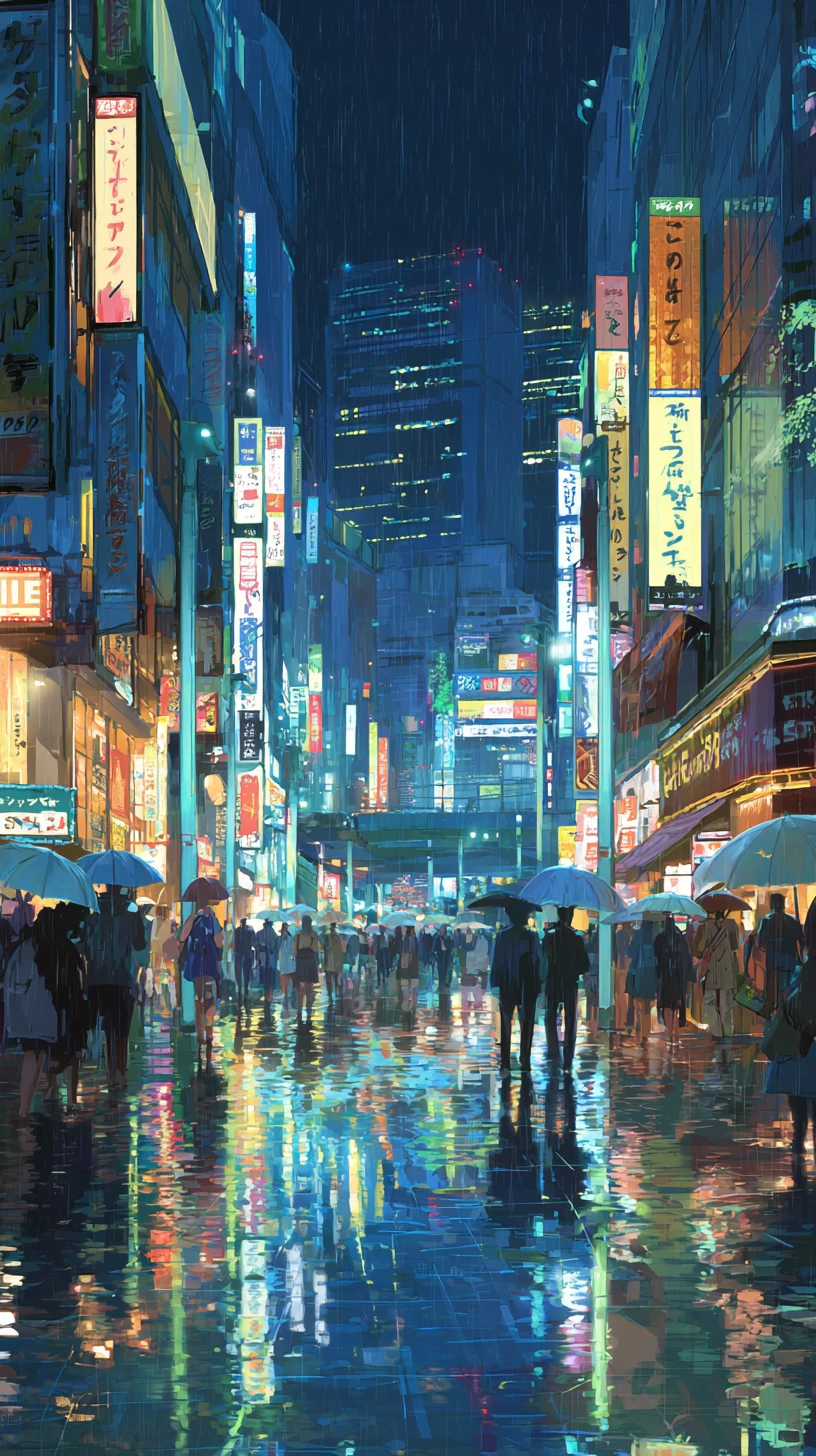 雨夜東京的動漫視角城市夜景