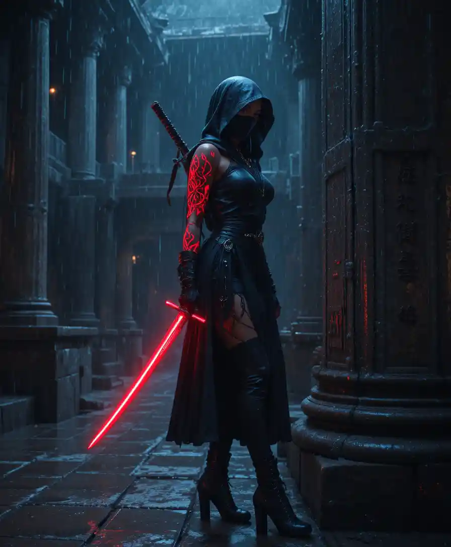 Ninja femme dans un ancien temple détrempé par la pluie au halo rouge