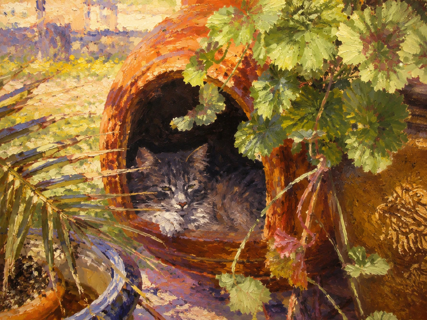 Dipinto a olio di un gatto rilassato che riposa in un braciere
