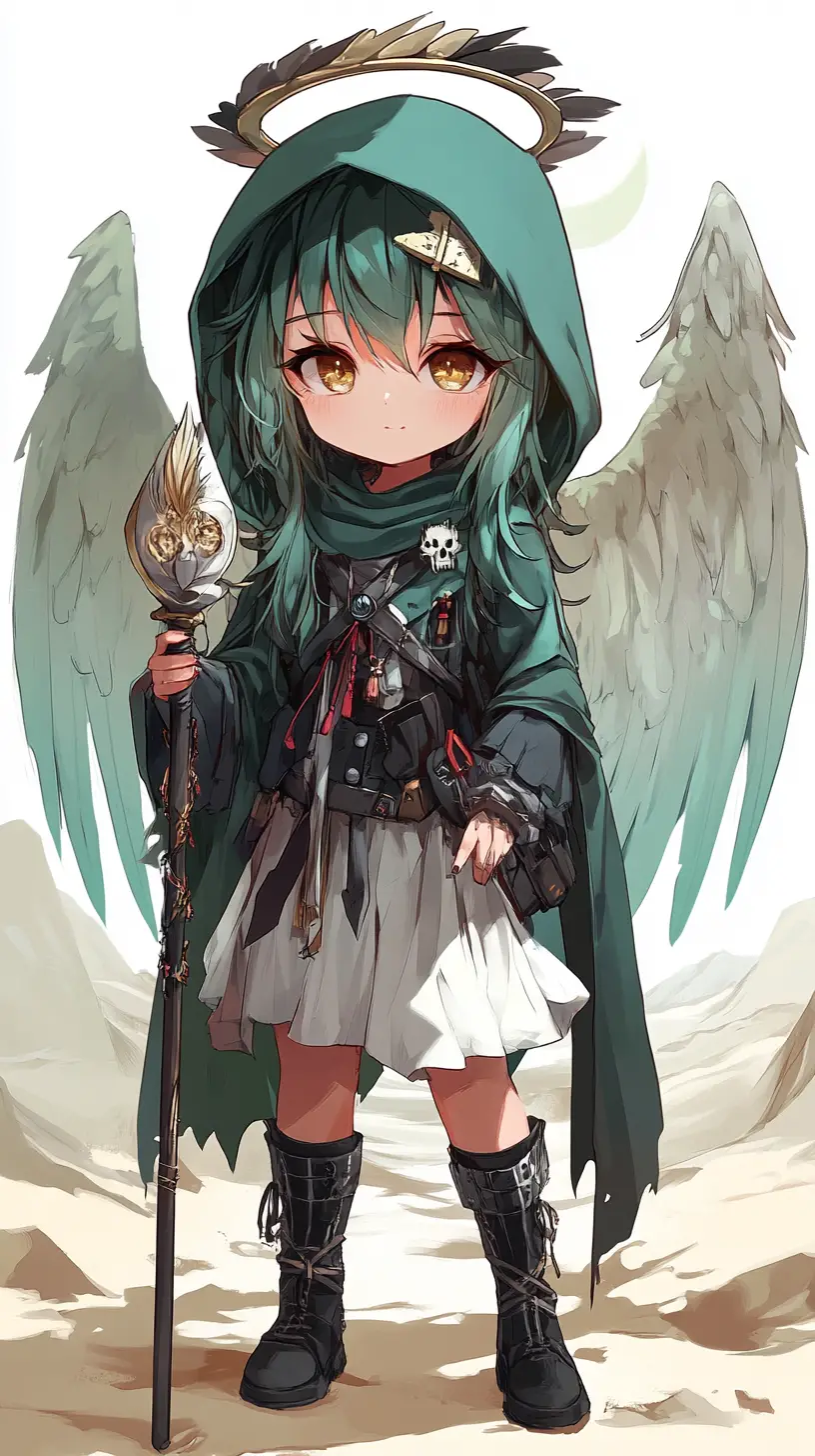砂漠の城の前に立つ槍を持ったチビ天使の少女