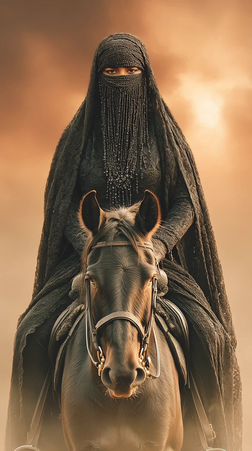 Femme bédouine à cheval dans un portrait désertique cinématographique