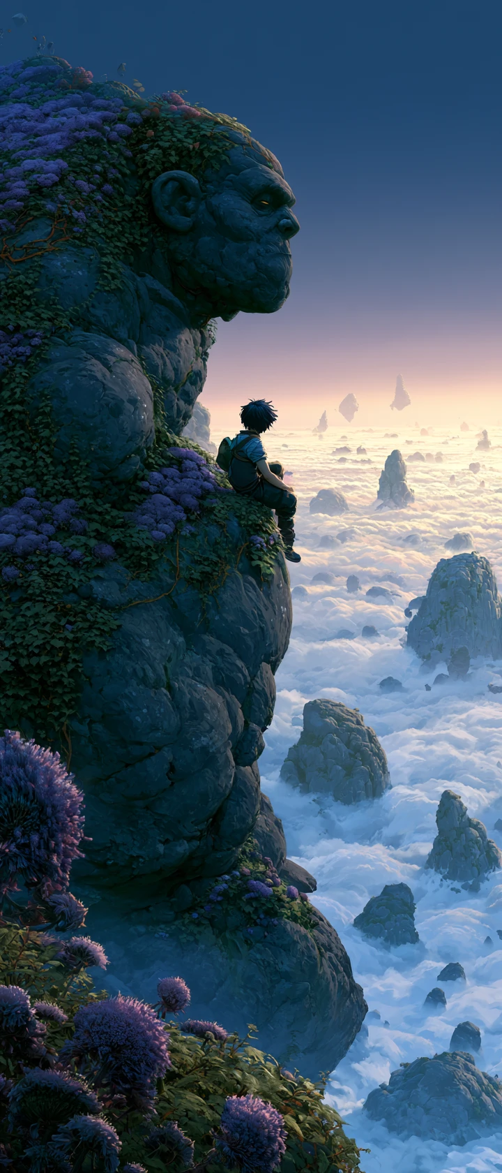 Antigo golem de pedra e criança sobre um mar de fantasia enevoado
