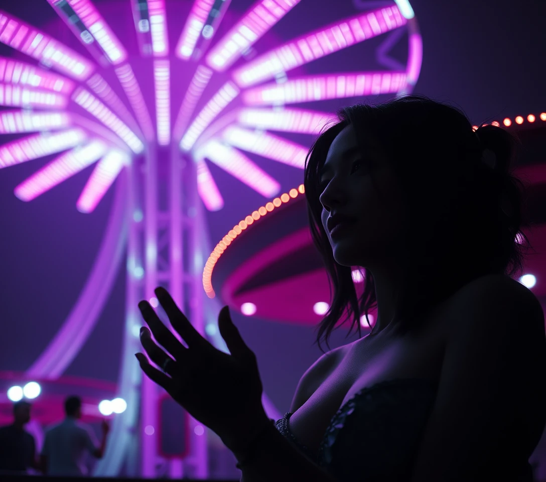 Femme sensuelle et angélique dans une scène surréaliste de divertissement nocturne