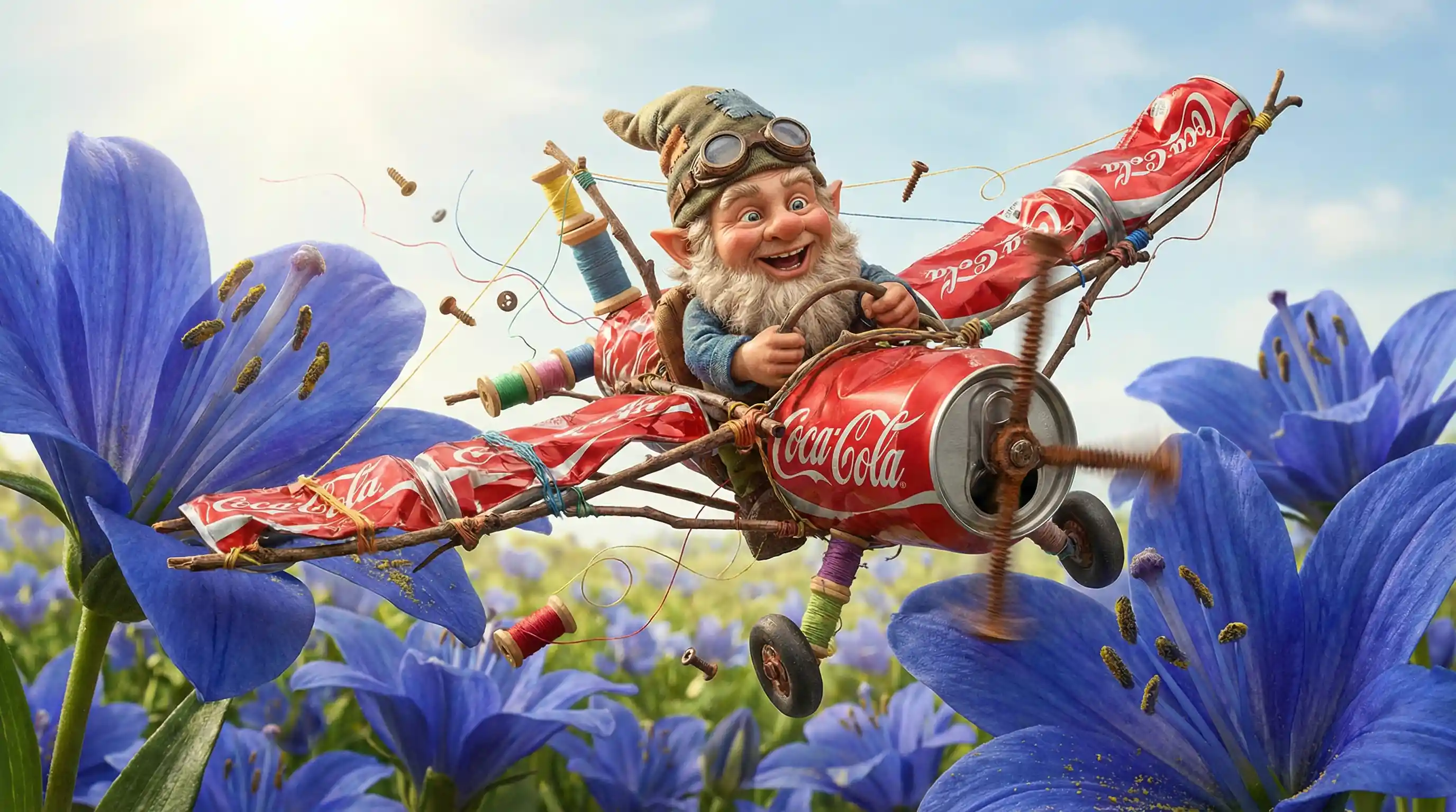 Whimsical gnome flying a scrap plane over blue flowers
