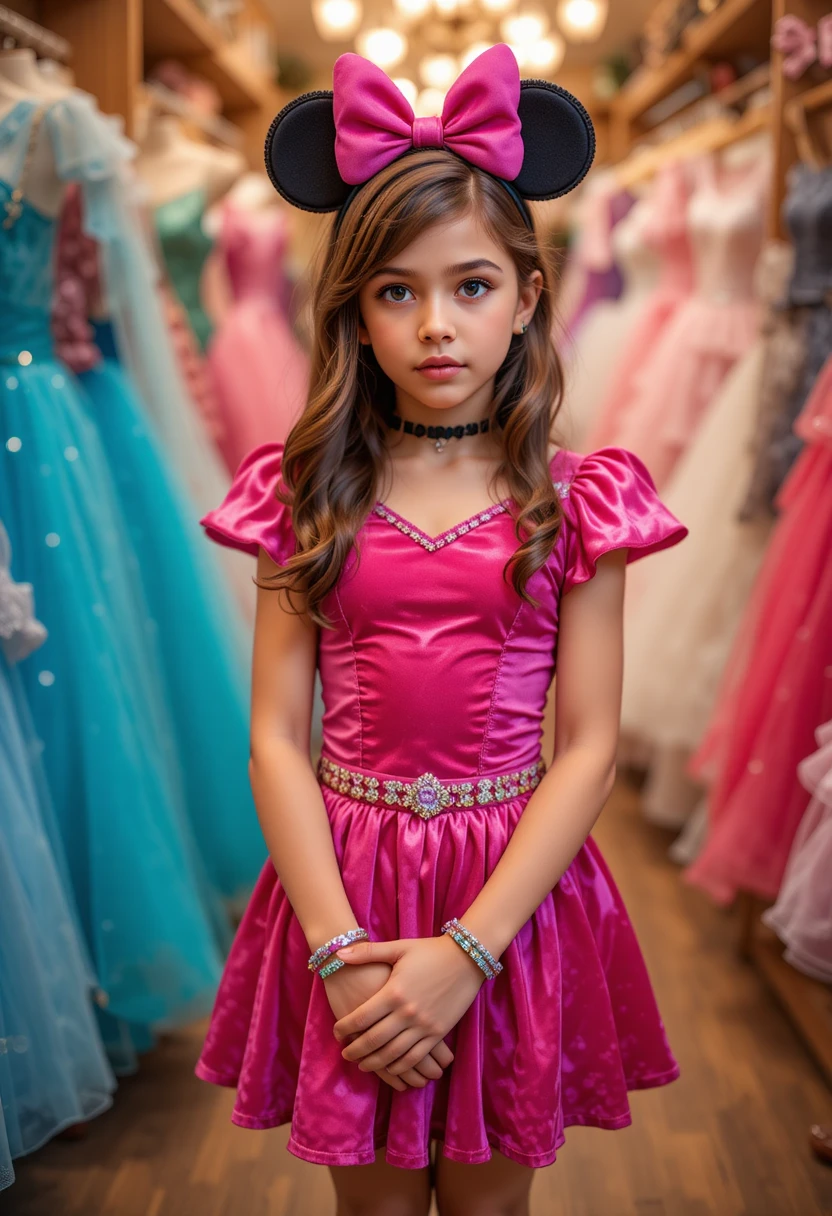 Garoto nervoso com vestido rosa da Minnie posando na loja