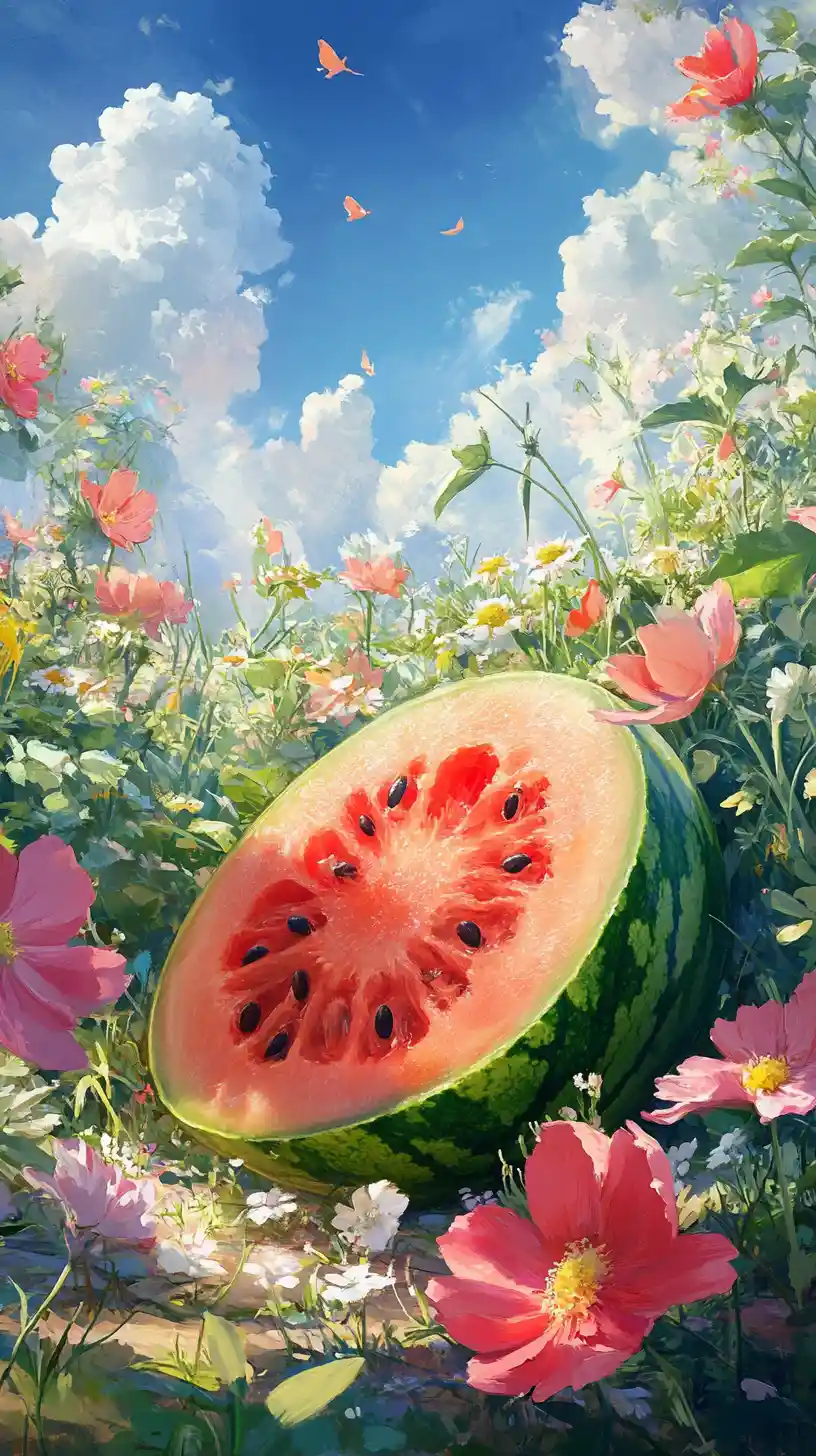 Cheerful watermelon character touring in summer flower field