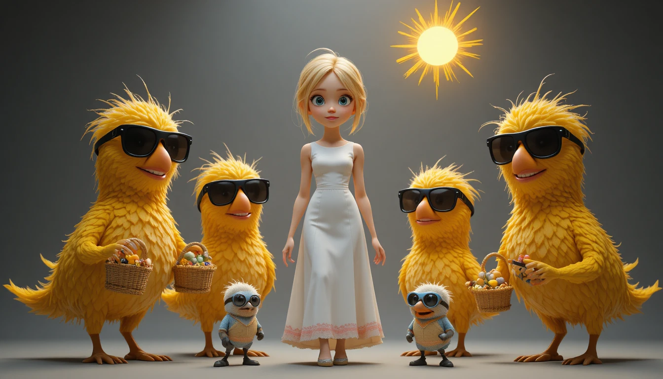 Garota loira com bananas sorridentes em desenho animado em estúdio 3D