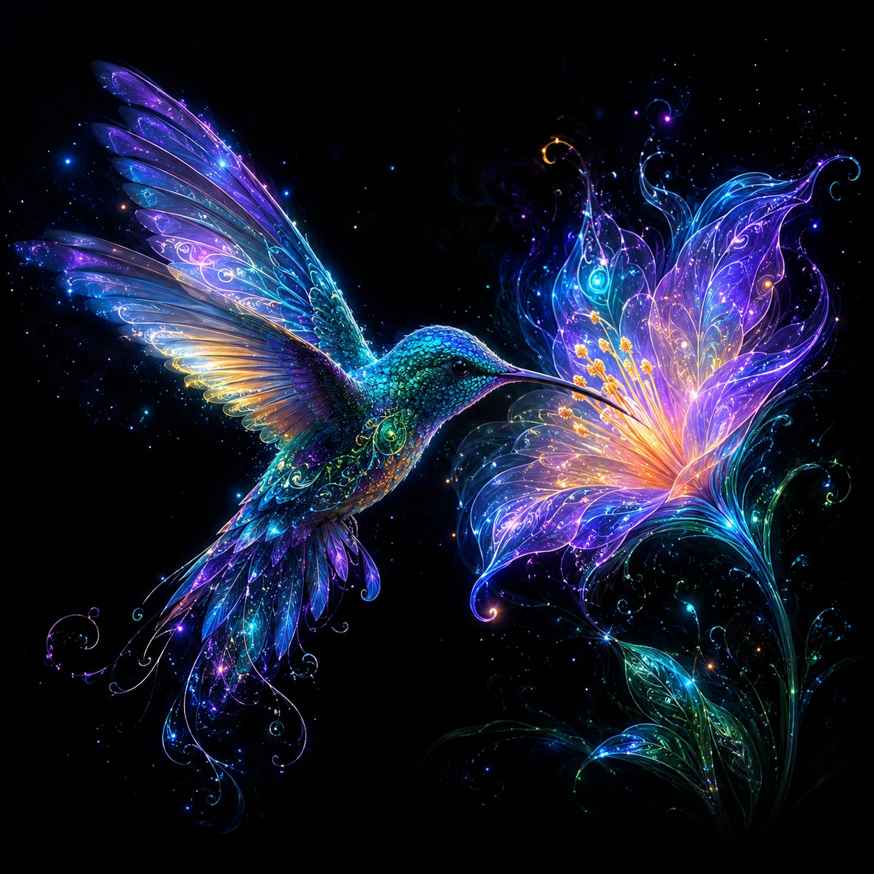 Beija-flor bioluminescente mágico com flor brilhante em fundo preto