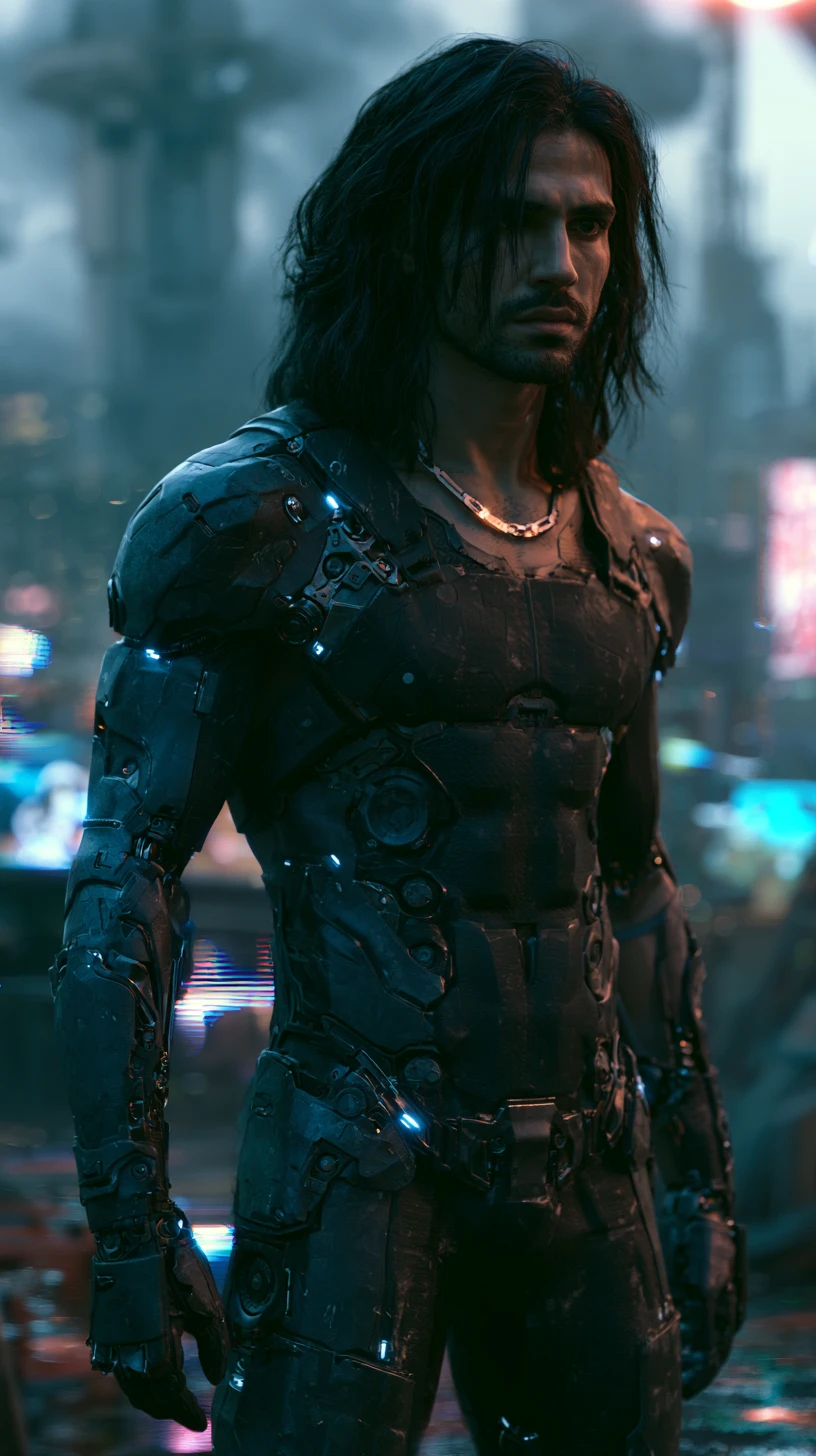 Jeune guerrier de science-fiction en armure debout dans la ville