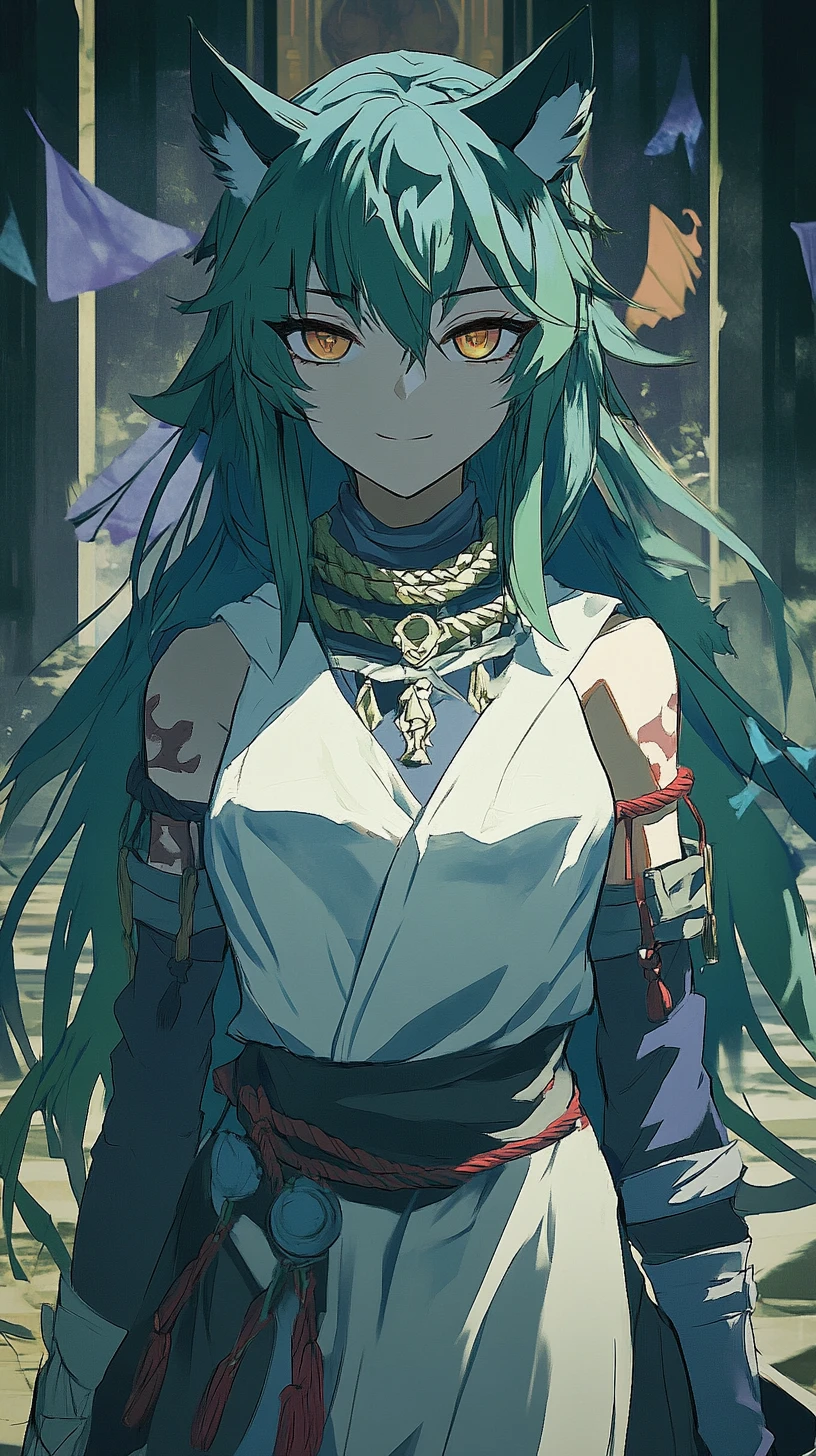 Chica de anime con sudadera verde y atuendo con temática de lobo