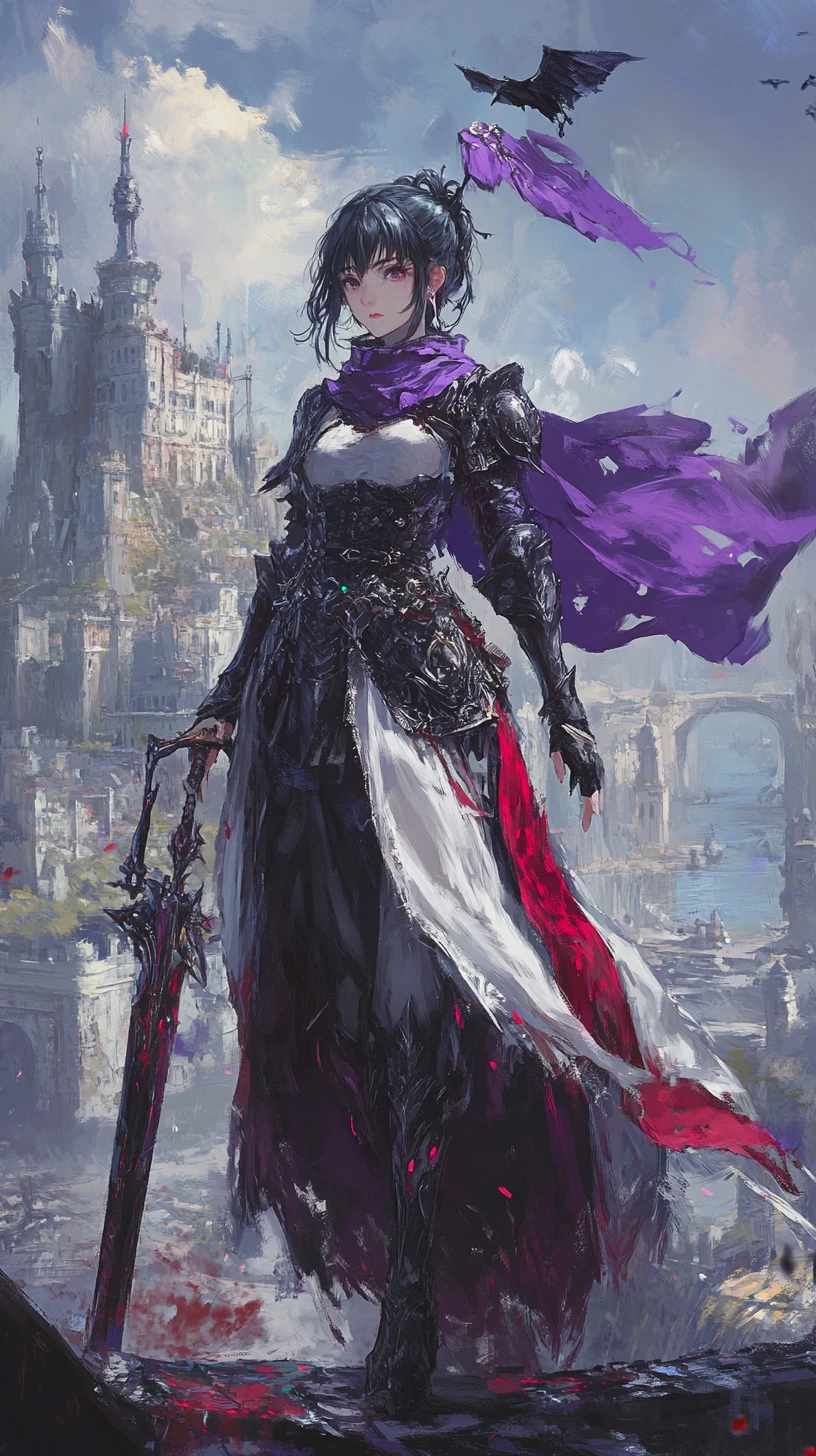 Fille anime avec hallebarde traversant un pont vers un château fantastique en ruines